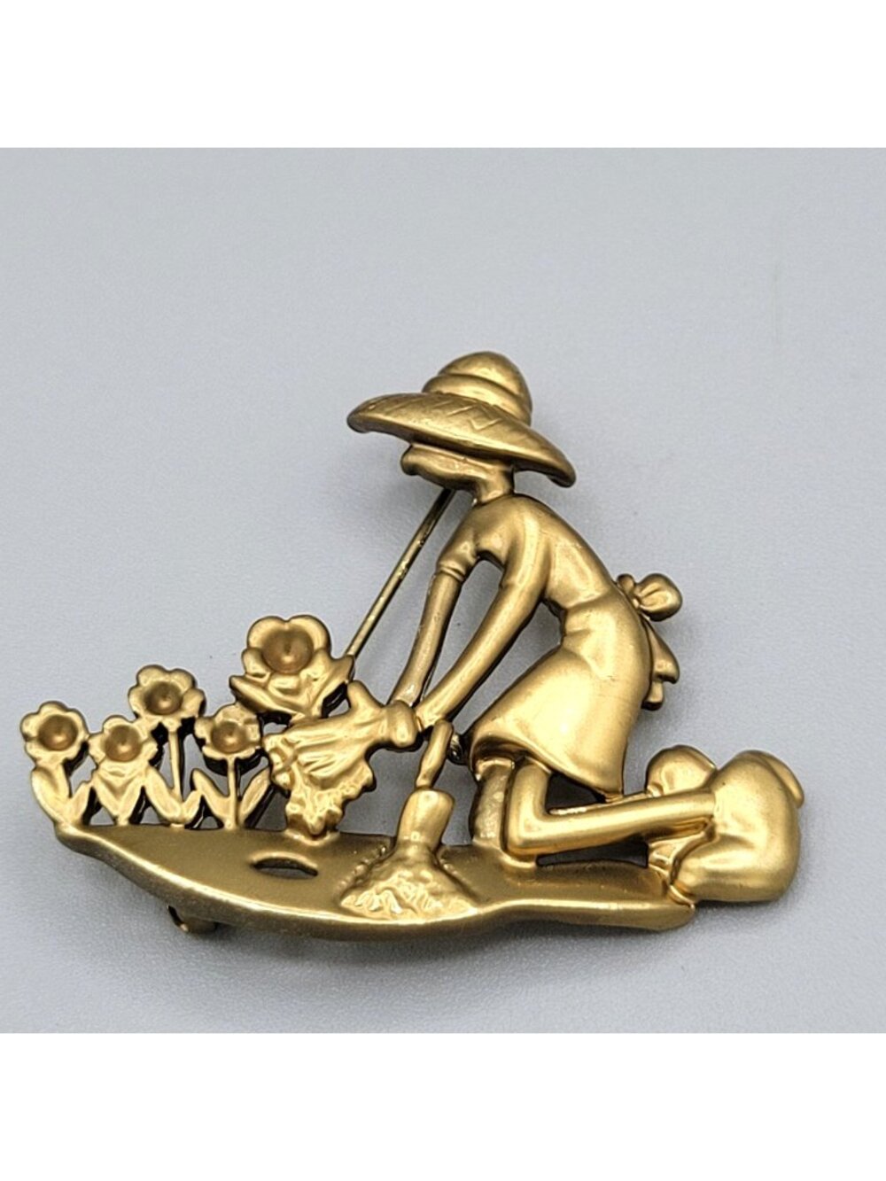 Gold Tone Gardening Woman Brooch Lady Kneeling Planting Flowers Vintage